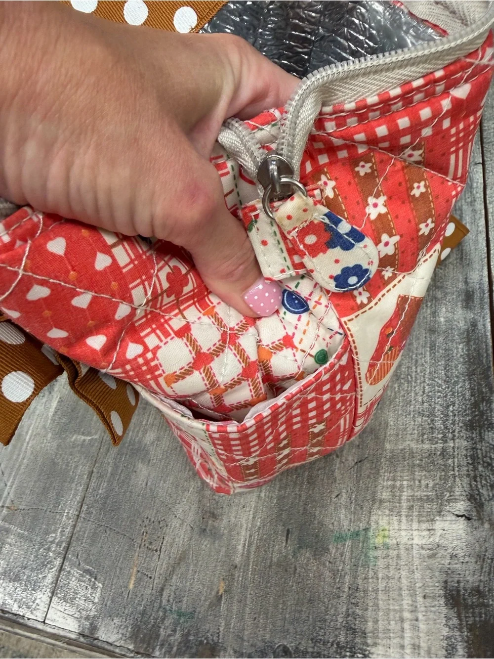 Red Patchwork Western Boho Tote with‎ Brown Polka-Dot Handles